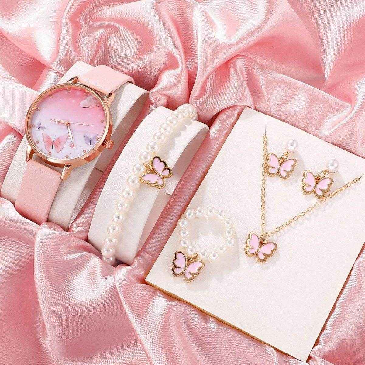 Niedliche Damen Uhr mit Armband, Ring, Ohrstecker und Halskette im Set - Kreativkauf.SI