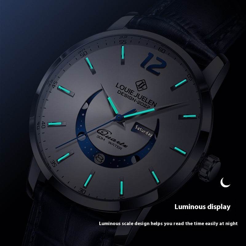 Herren Armbanduhr- wasserdicht, Anzeige Mond Phase, Quarzuhr - Kreativkauf.SI