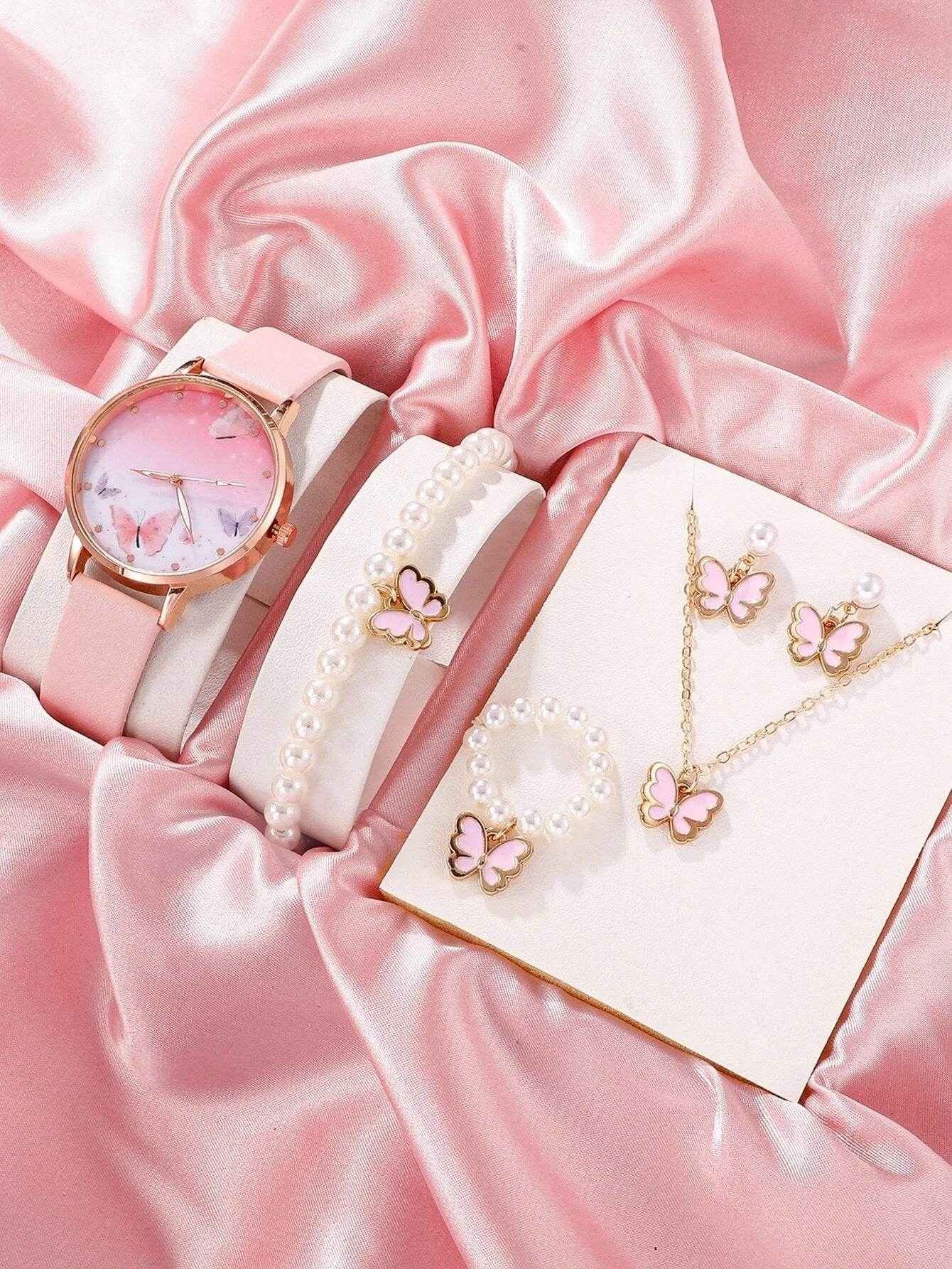 Niedliche Damen Uhr mit Armband, Ring, Ohrstecker und Halskette im Set - Kreativkauf.SI