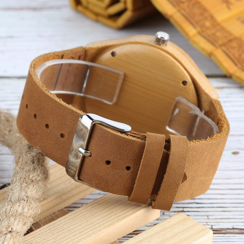 Wooden Watches Quartz Watch Men Bamboo Modern Wristwatch Analog Nature Wood Soft Leather Creative Birthday Gifts eprolo