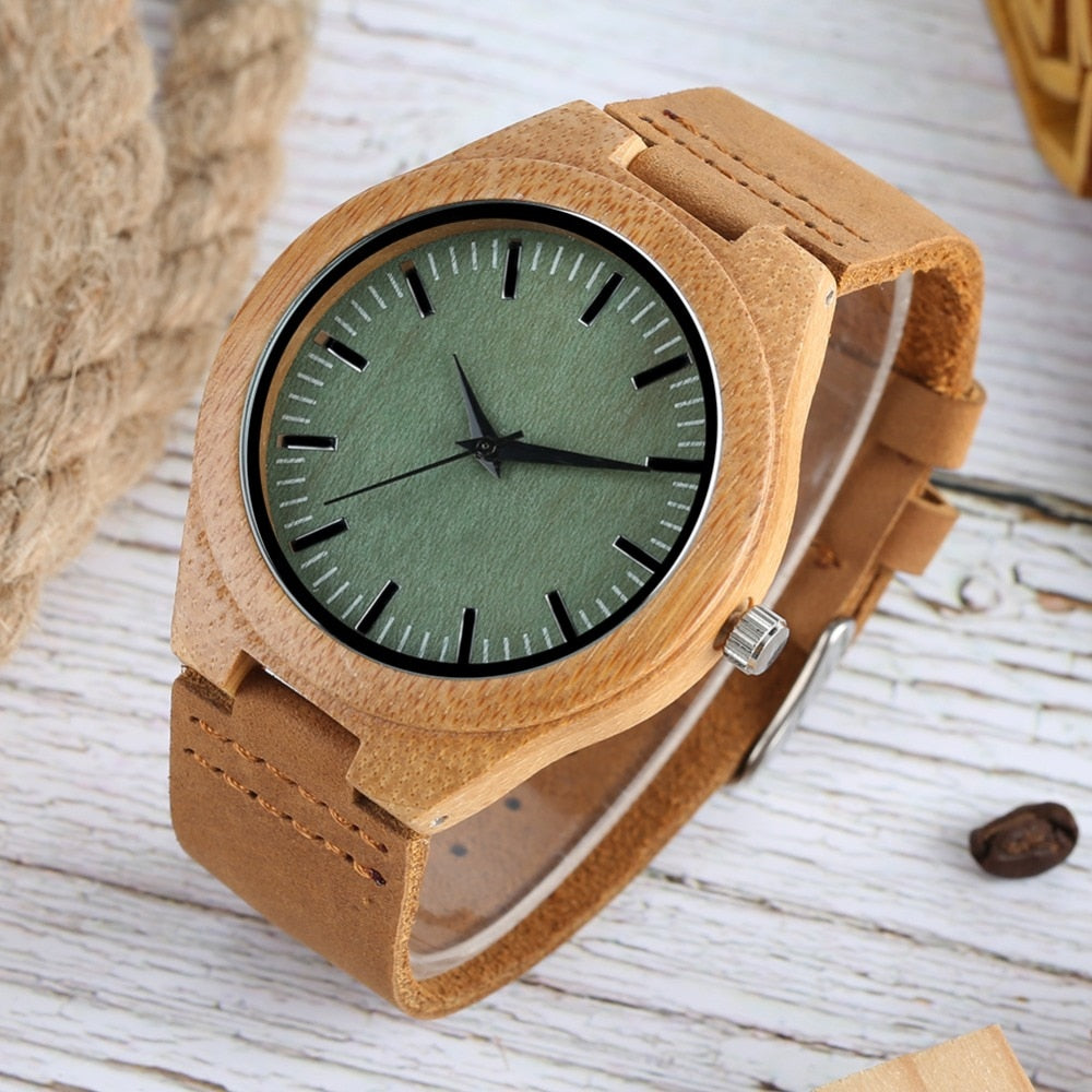 Wooden Watches Quartz Watch Men Bamboo Modern Wristwatch Analog Nature Wood Soft Leather Creative Birthday Gifts eprolo