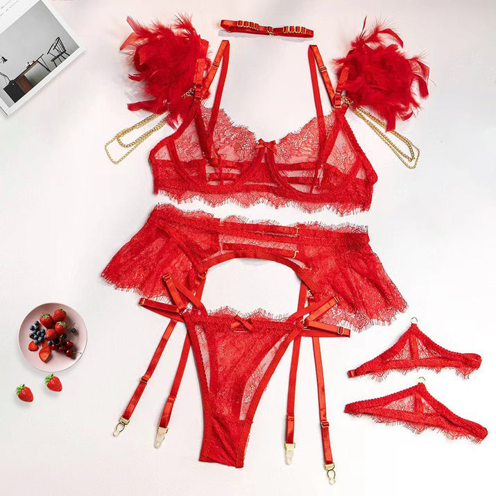 Dessous - Set mit Feder - Detail, abnehmbarer Metallkette und Spitzenbesatz für verführerische Looks - Si.Kreativkauf