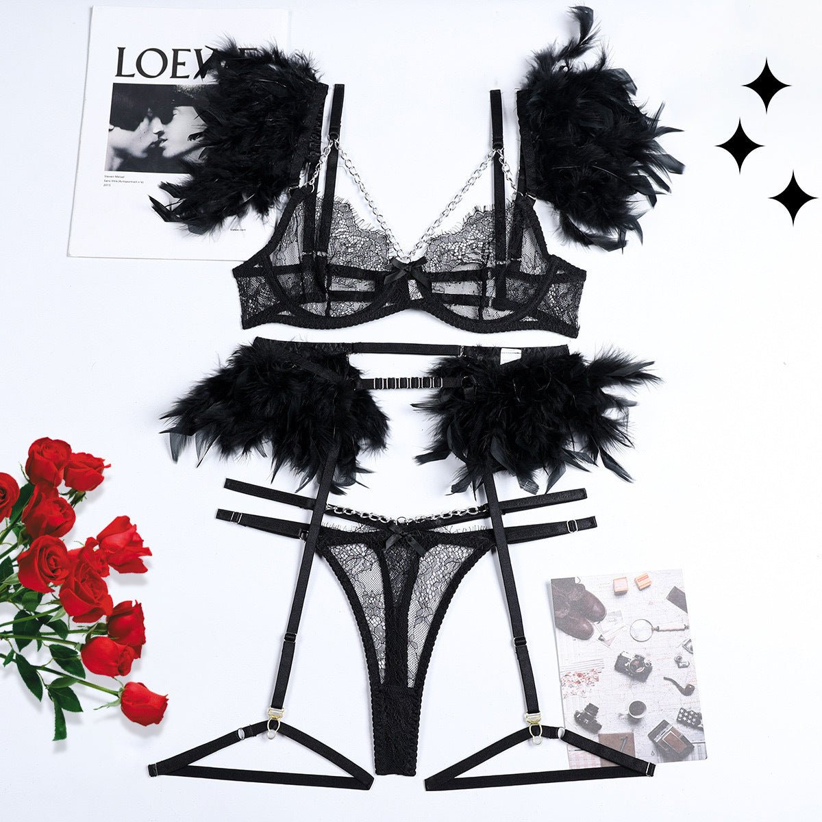 Sexy Dessous - Set aus Federspitze mit Metallkette – 4 - teiliges, verführerisches Set für besondere Anlässe - Si.Kreativkauf
