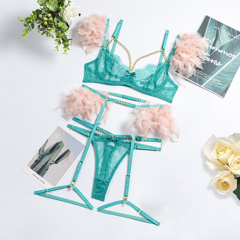 Sexy Dessous - Set aus Federspitze mit Metallkette – 4 - teiliges, verführerisches Set für besondere Anlässe - Si.Kreativkauf