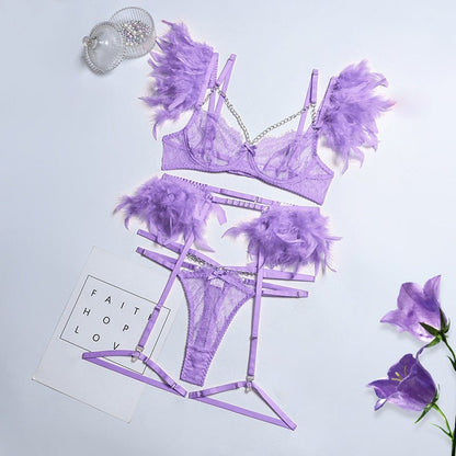 Sexy Dessous - Set aus Federspitze mit Metallkette – 4 - teiliges, verführerisches Set für besondere Anlässe - Si.Kreativkauf
